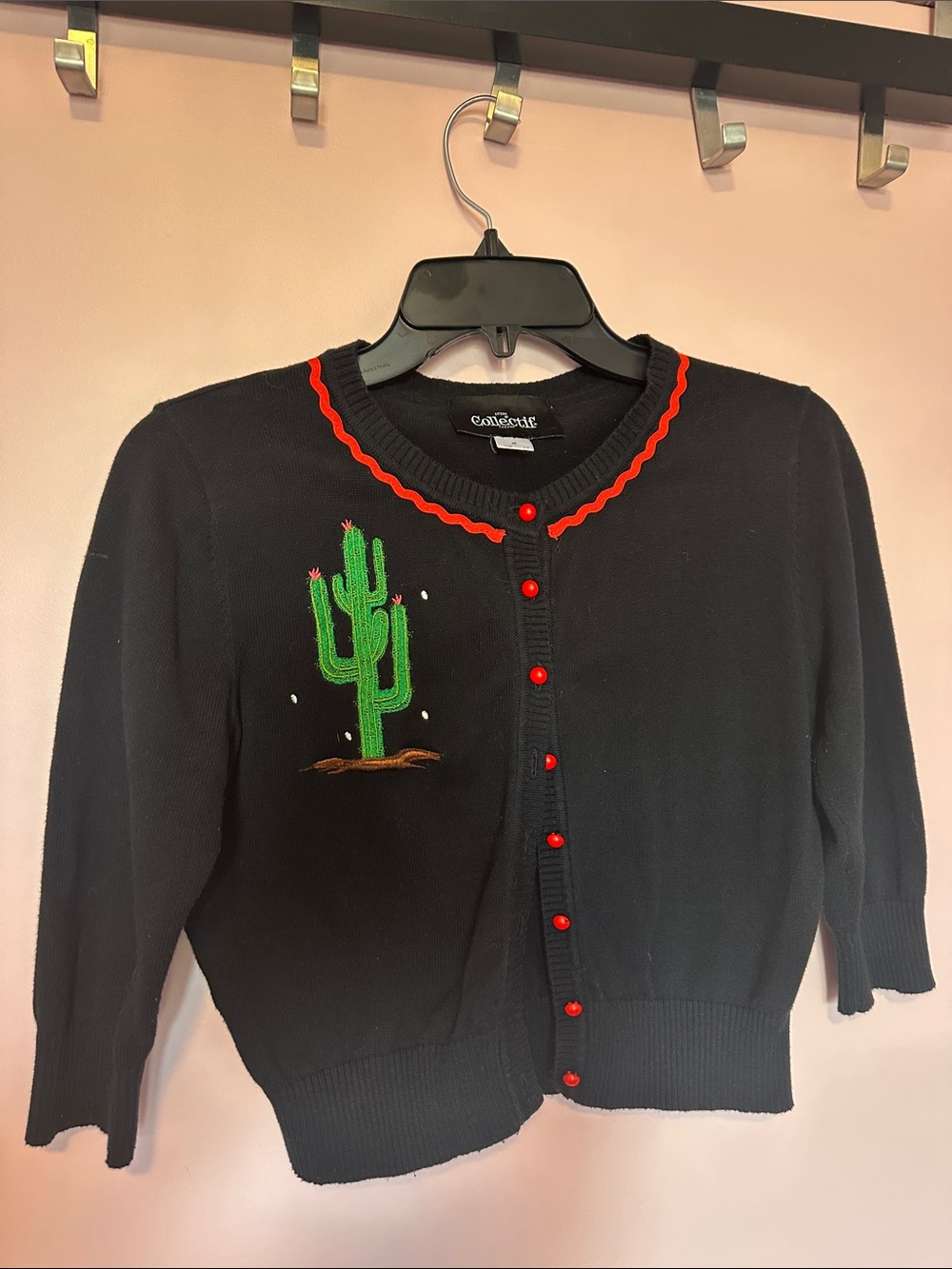 Collectif Black Cropped Cardigan with Green Cactus and Red Trim